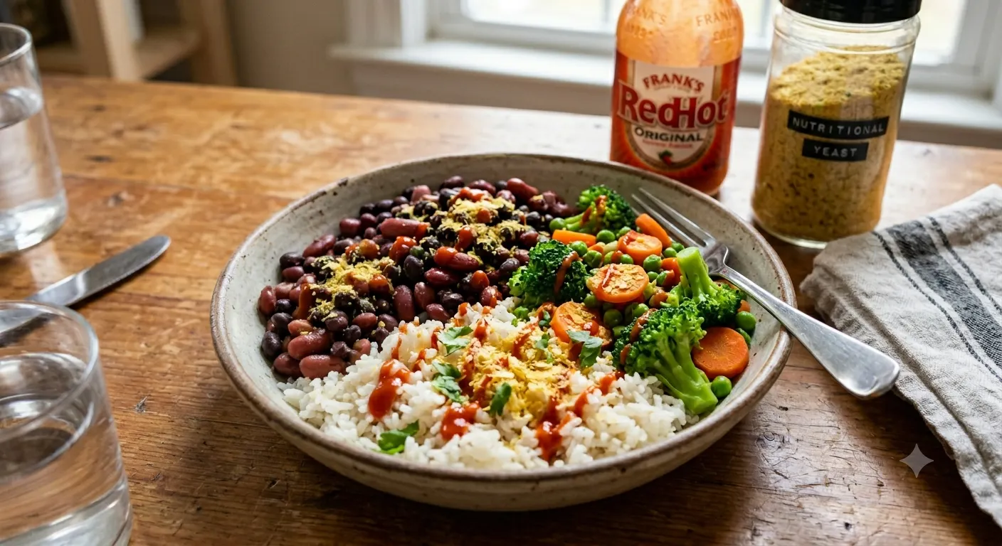 A quick plant-based rice bowl with black beans, steamed broccoli and mixed vegetables, drizzled with hot sauce and sprinkled with nutritional yeast.