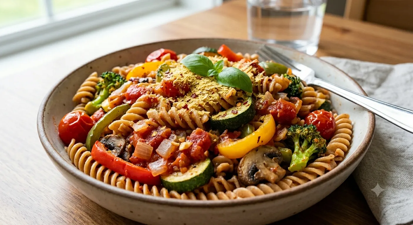 Whole grain pasta with tomato sauce, zucchini, peppers, broccoli and mushrooms, topped with nutritional yeast.