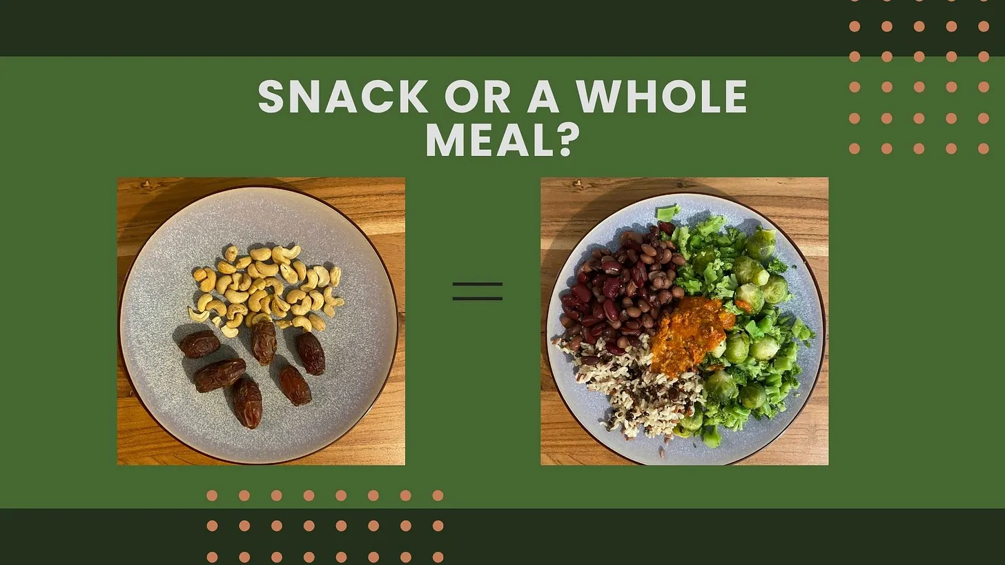 A plate of dates and cashews next to a full plate of beans, brown rice, broccoli, brussels sprouts and sauce — the same calories.