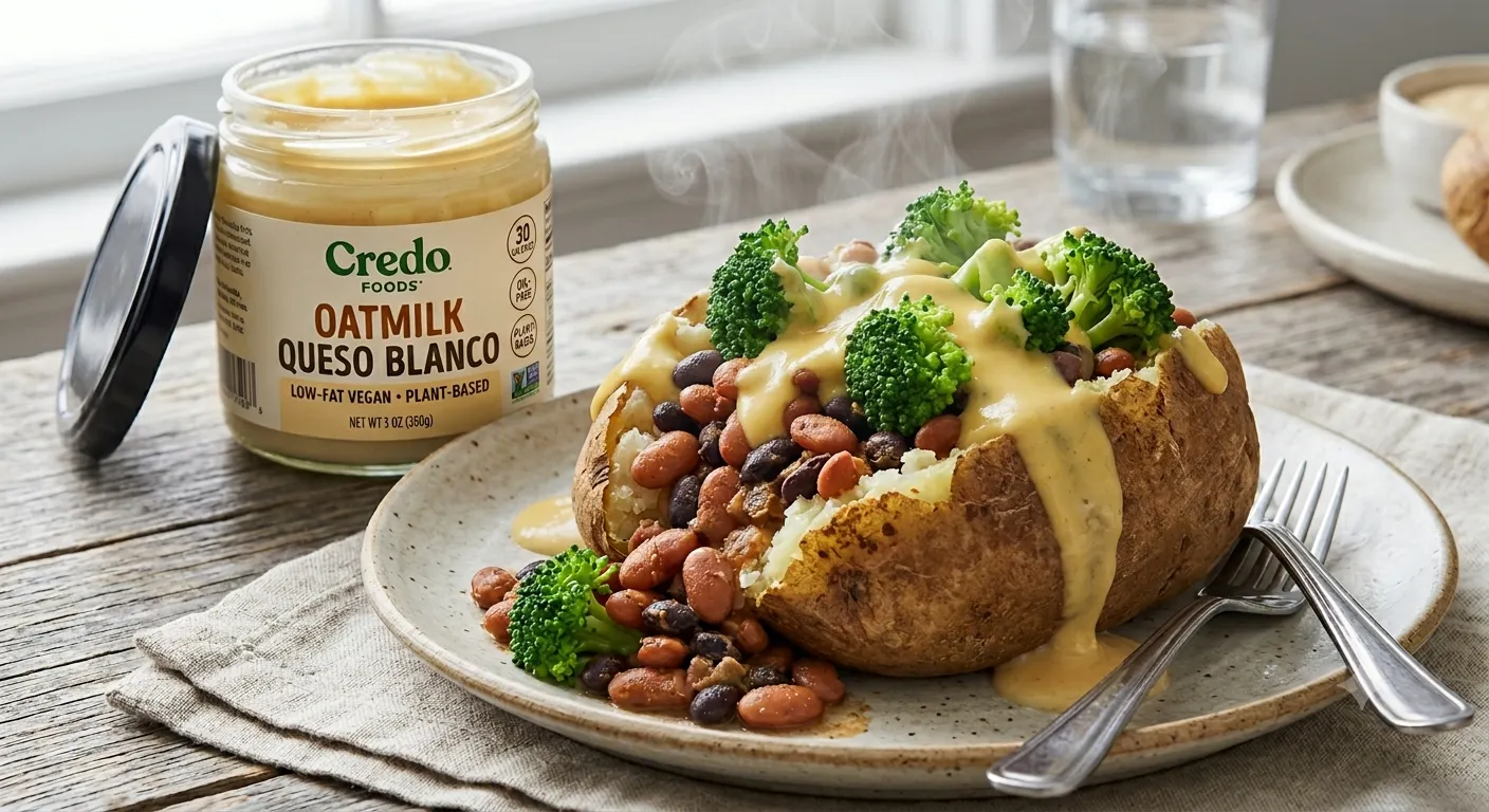 A baked potato split open and topped with beans, steamed broccoli, and oat milk queso.