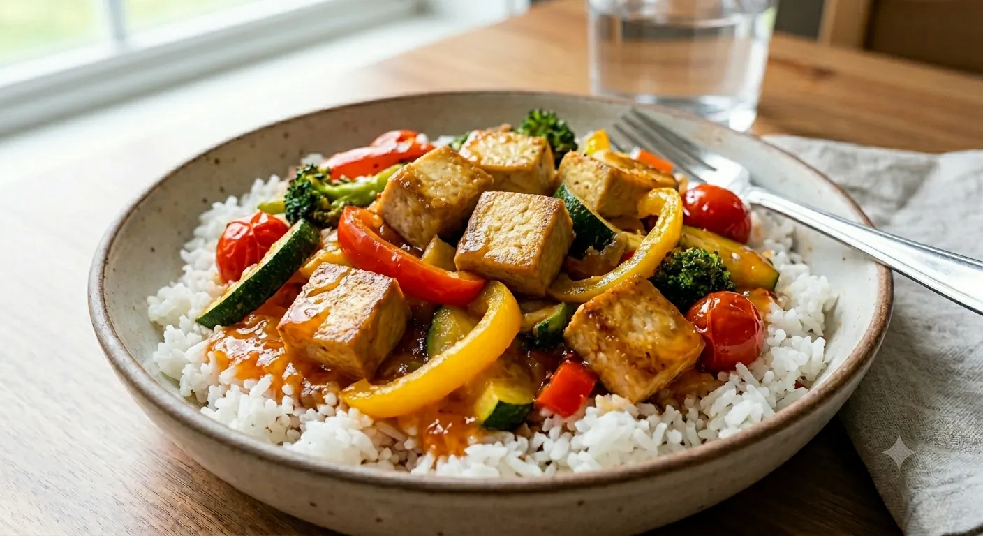 A tofu stir-fry with golden tofu, peppers, zucchini and broccoli over rice, glazed with sweet chili sauce.